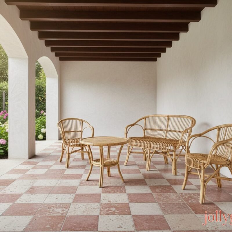 Wicker patio furniture set on a checkered tile veranda with arches, a round table, sofa and chairs, overlooking a garden with hydrangeas and a fountain in the background.