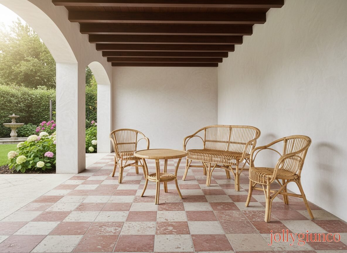 Divano Barina in giunco 1 jollygiuncoeu wicker patio furniture set on a checkered tile veranda with arches a round table sofa and chairs overlooking a garden with hydrangeas and a fountain in the background