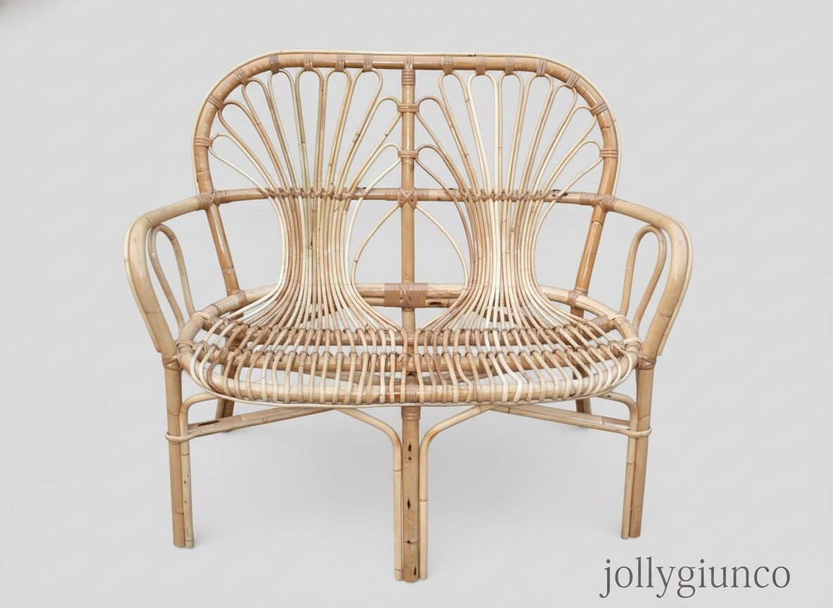 Divano in giunco ventaglio 1 jollygiuncoeu double seat rattan chair with curved arms and intricate woven back against a pale background
