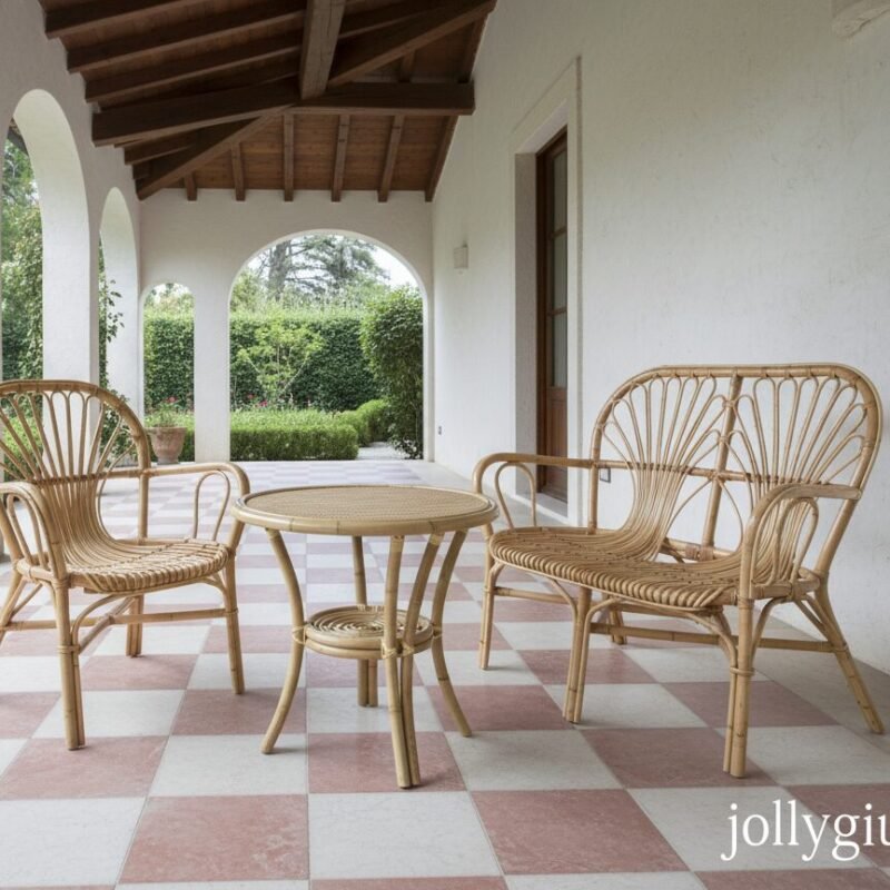 Round wicker patio table with two matching chairs on a pink-and-white checkered porch, arched columns and a view of a green garden beyond.
