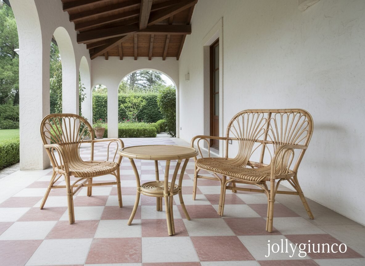 Divano in giunco ventaglio jollygiuncoeu round wicker patio table with two matching chairs on a pink and white checkered porch arched columns and a view of a green garden beyond