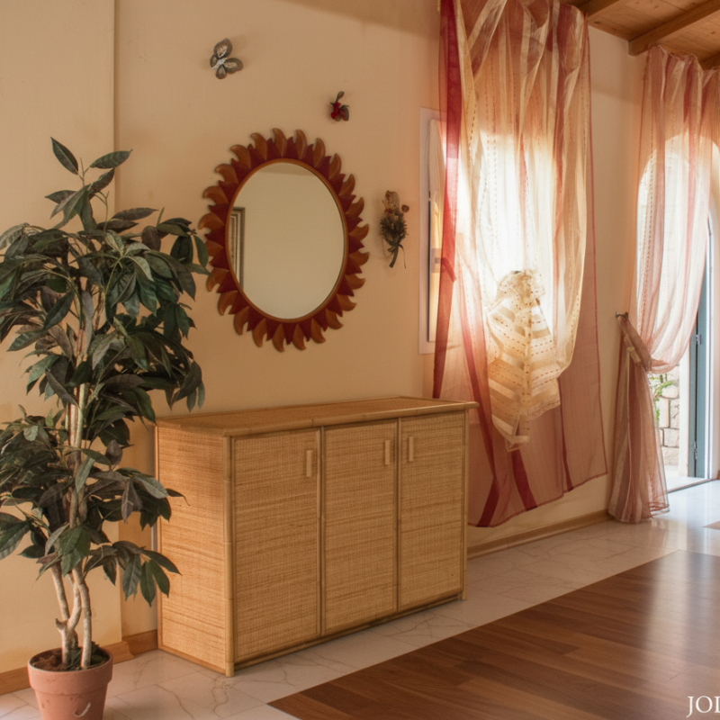 Interior with a wicker cabinet, round sunburst mirror, and potted plant by a pink sheer-curtained wall.