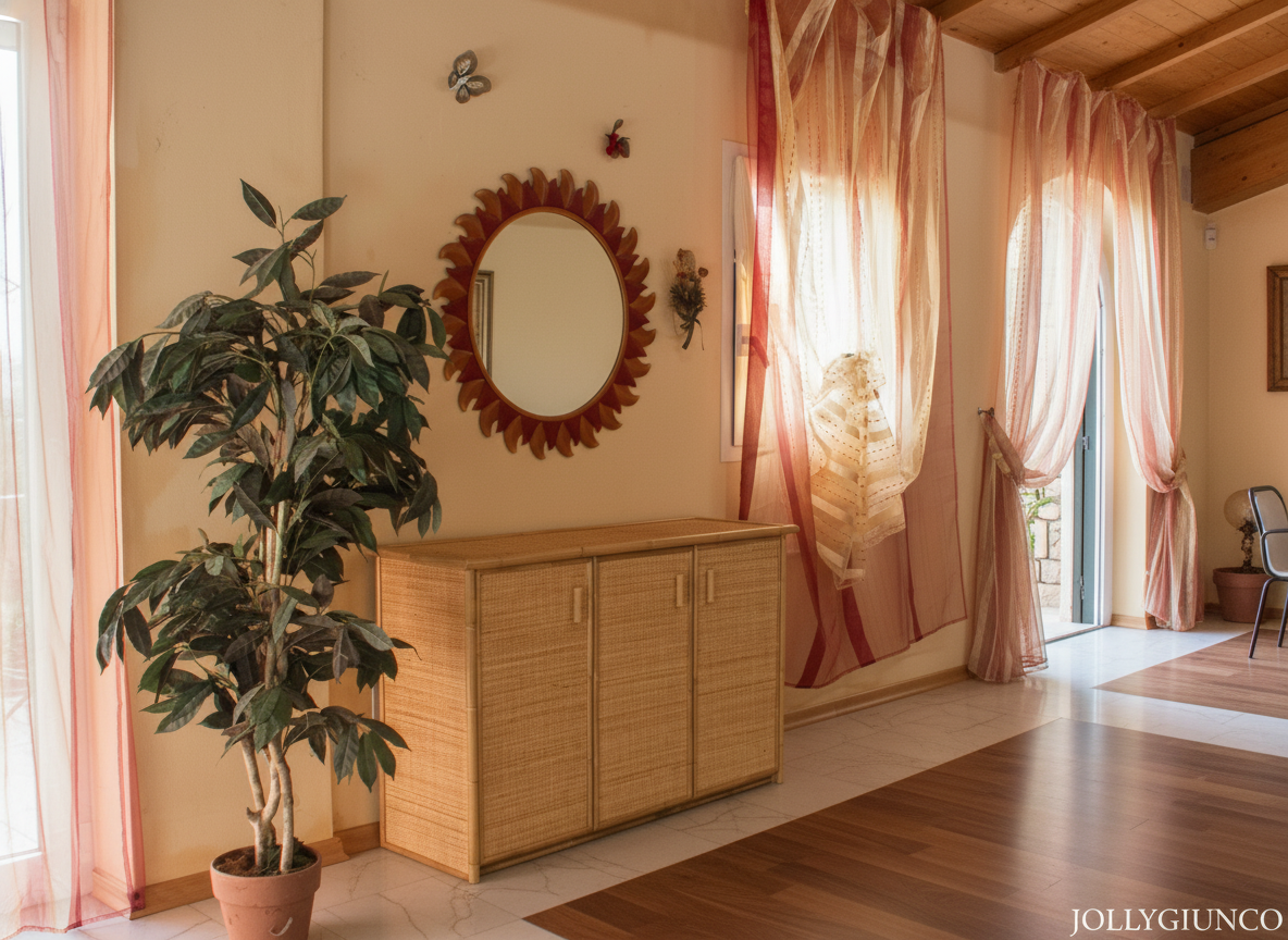 Mobile Patrizia in rattan 3 ante jollygiuncoeu interior with a wicker cabinet round sunburst mirror and potted plant by a pink sheer curtained wall