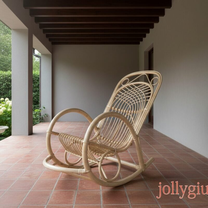 Wicker rocking chair on a tiled patio with a green garden and hydrangeas visible in the background.