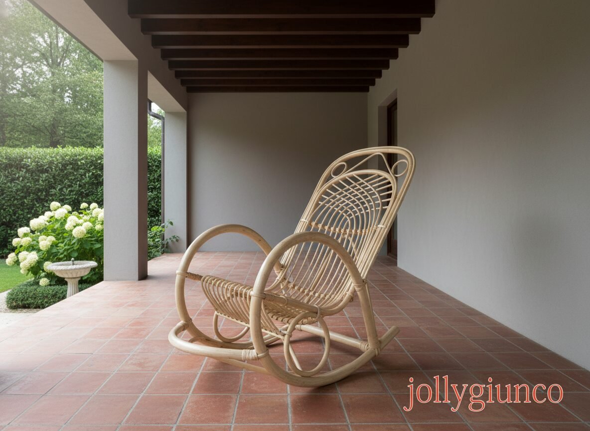 Poltrona dondolo in rattan colorata 1 jollygiuncoeu wicker rocking chair on a tiled patio with a green garden and hydrangeas visible in the background