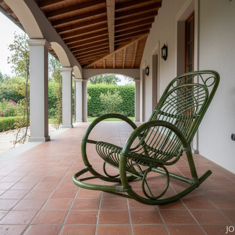 Green wicker rocking chair on a covered veranda with terracotta tiles and arched columns, overlooking a manicured garden.