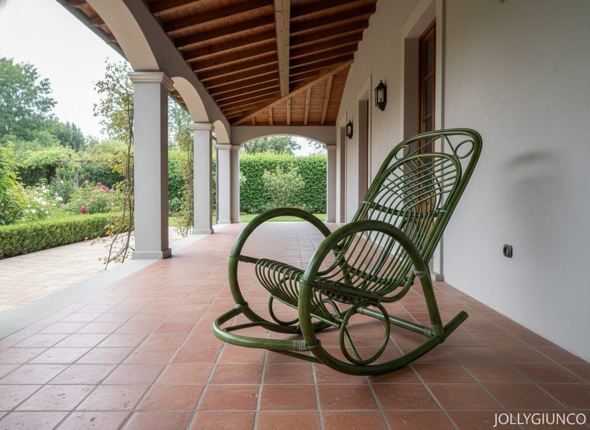 Poltrona dondolo in rattan colorata 2 jollygiuncoeu green wicker rocking chair on a covered veranda with terracotta tiles and arched columns overlooking a manicured garden