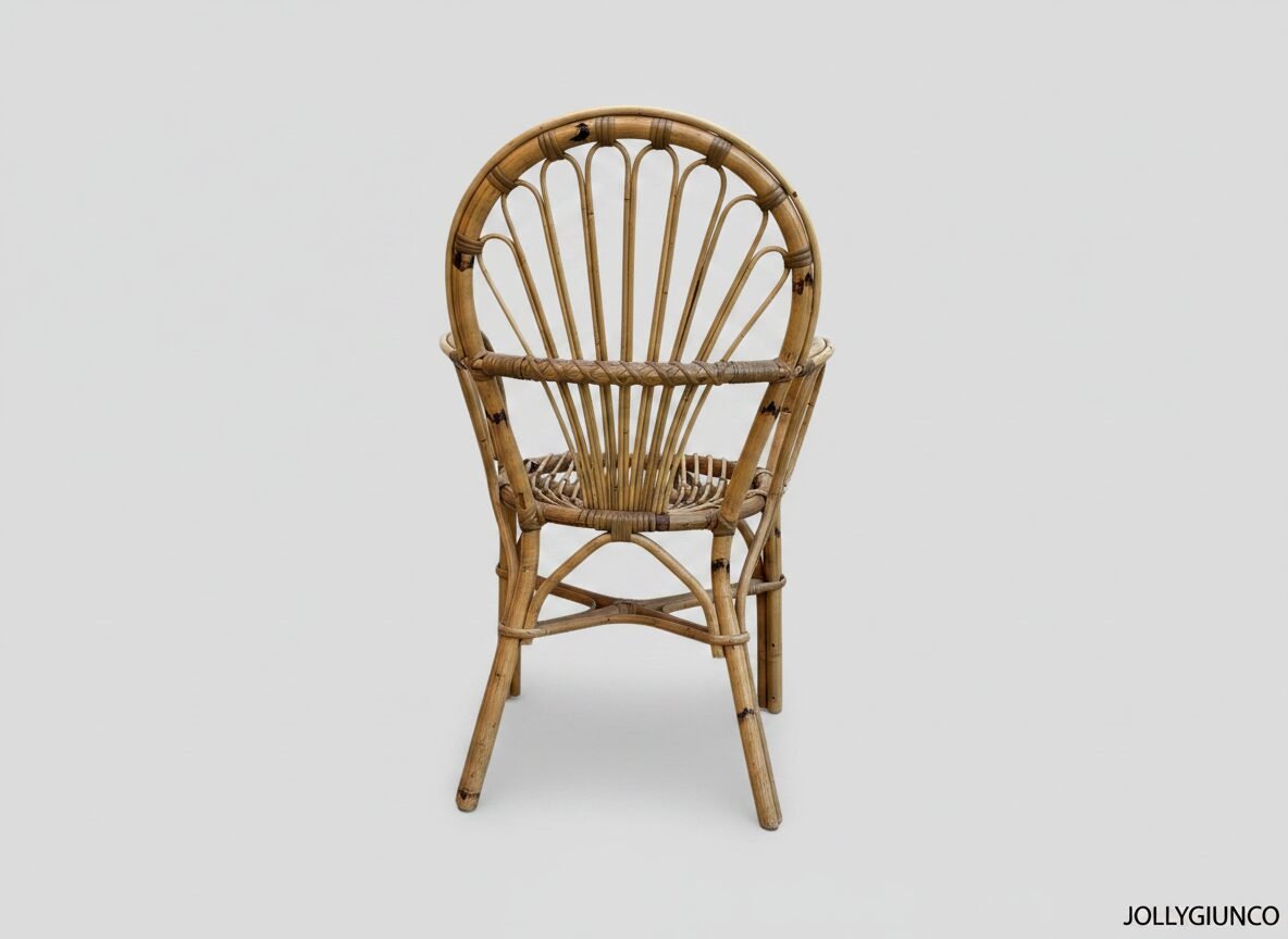 Poltrona in giunco Ventaglio 4 jollygiuncoeu wicker rattan chair with a rounded back and woven seat placed on a light gray background