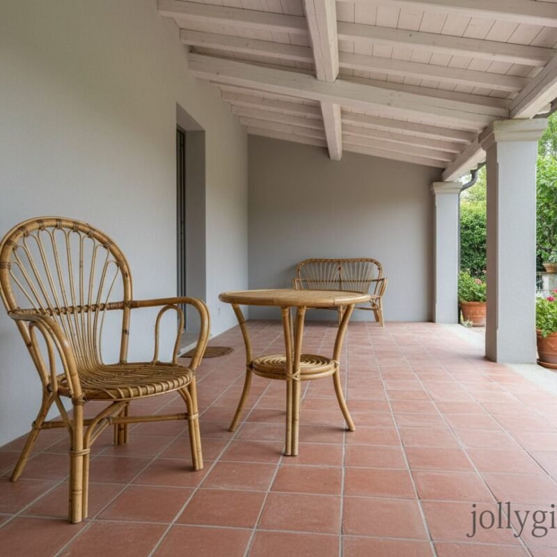 Wicker chairs and a small round table on a terracotta-tiled covered porch, with potted plants and a garden beyond.