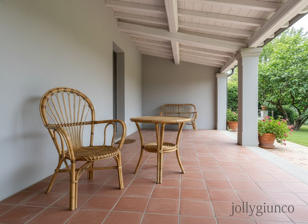 Poltrona in giunco Ventaglio 6 jollygiuncoeu wicker chairs and a small round table on a terracotta tiled covered porch with potted plants and a garden beyond