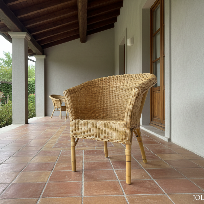 Wicker chair on a terracotta-tiled veranda under a wooden-beamed roof, garden visible beyond the columns.