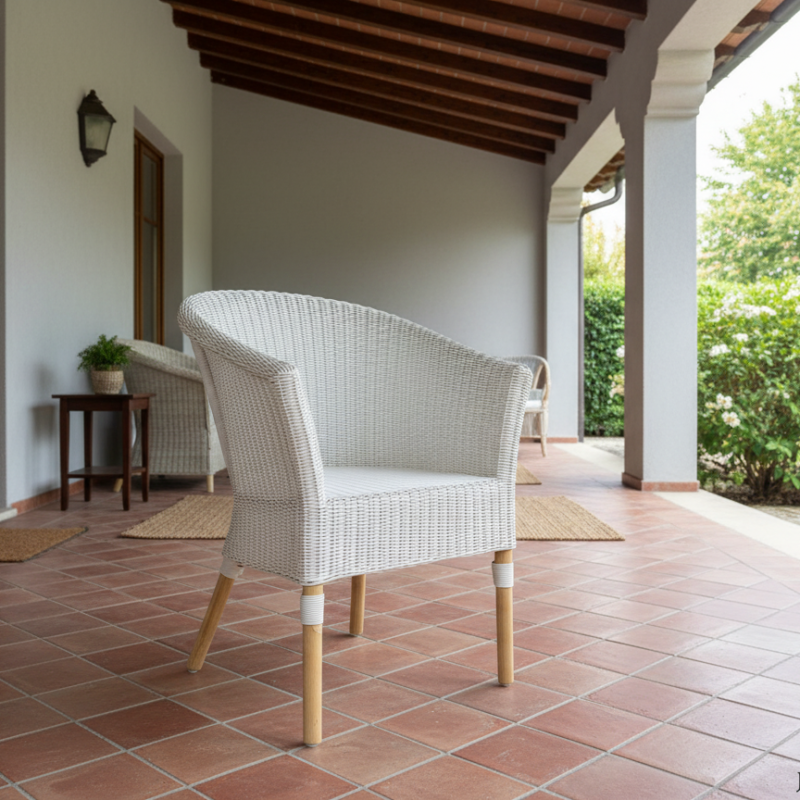 White wicker patio chair with wooden legs on a terracotta-tiled porch, doorway and greenery in the background.