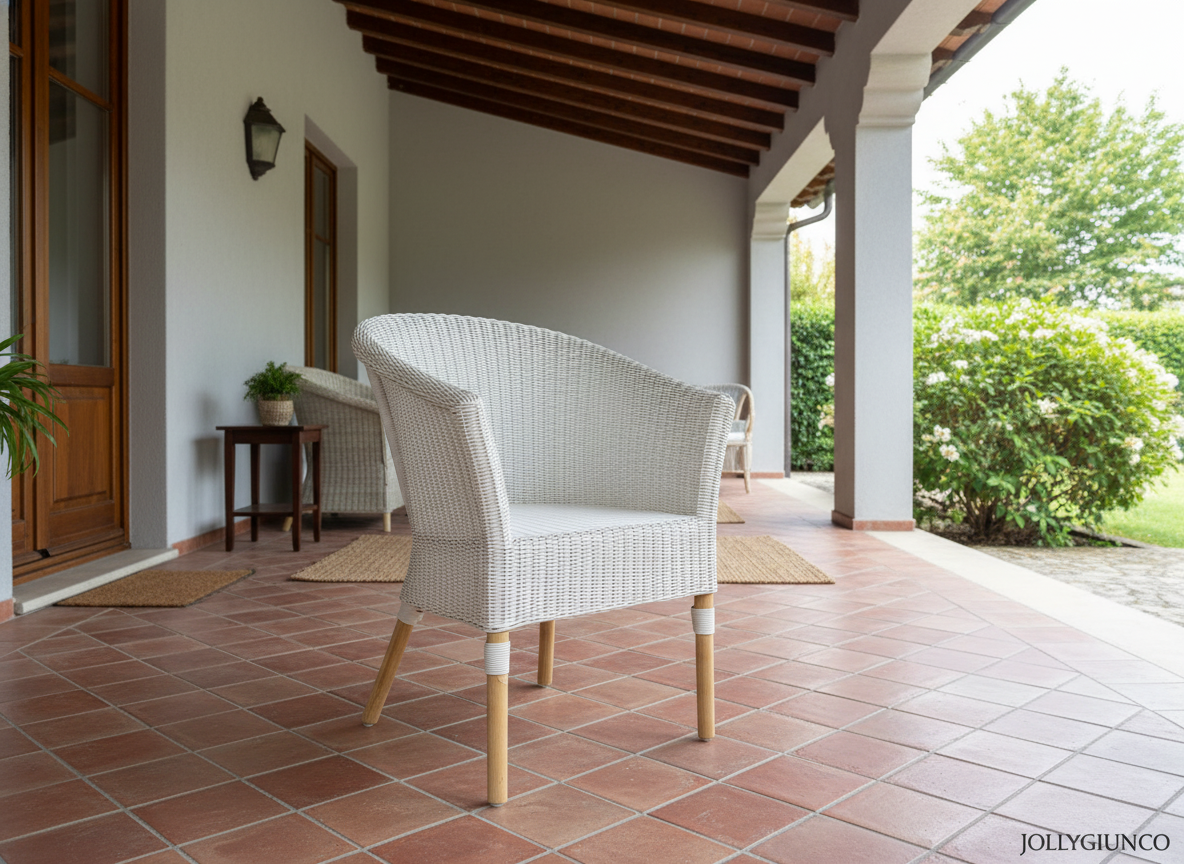 Poltroncina Malta Pozzetto polyrattan 1 jollygiuncoeu white wicker patio chair with wooden legs on a terracotta tiled porch doorway and greenery in the background