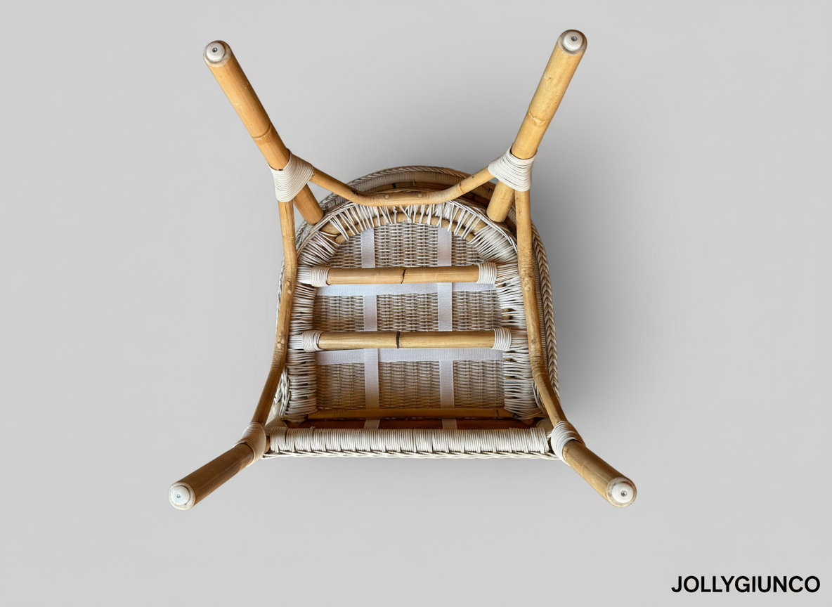 Poltroncina Malta Pozzetto polyrattan 3 jollygiuncoeu upside down wicker chair with wooden legs on a light gray background jollygiunco watermark
