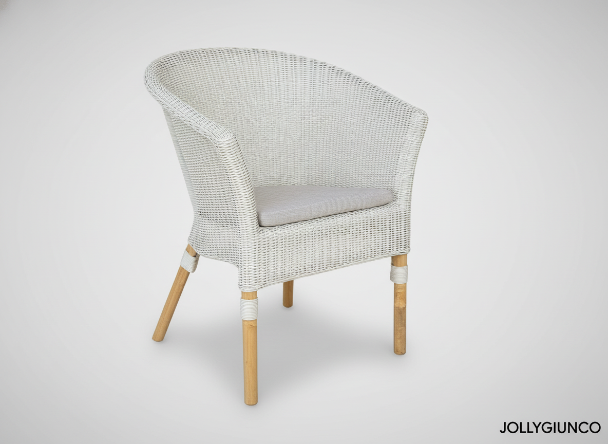 Poltroncina Malta Pozzetto polyrattan 4 jollygiuncoeu white wicker armchair with a light gray cushion against a neutral background
