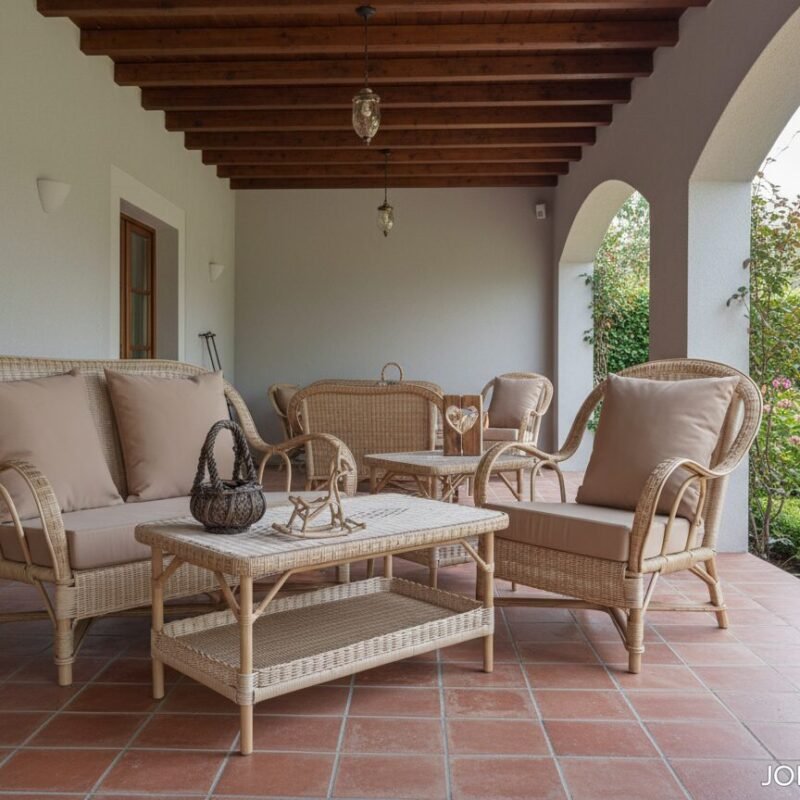 Wicker patio furniture with beige cushions on a tiled veranda, opening to a garden with pink flowers and hedges.