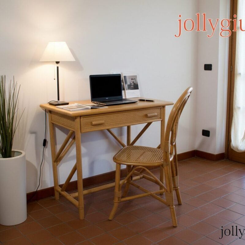 Wood desk with woven drawers and a laptop, a floor lamp, wicker chair, and a tall plant in a bright room near a glass door with sheer curtains.