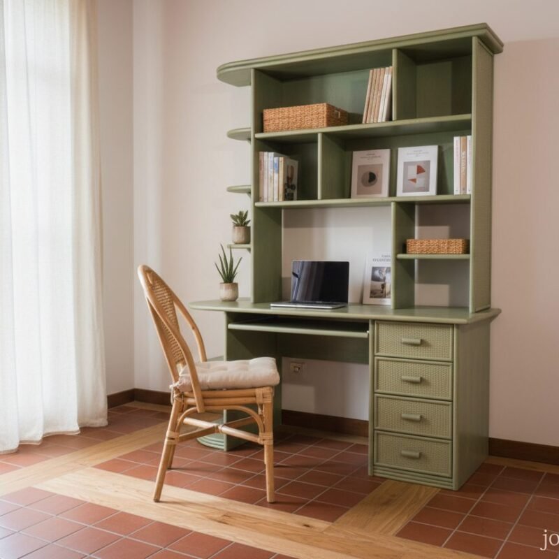 Green wooden desk with built-in shelves and drawers, laptop on desk, wicker chair, plants, and baskets in a bright room.