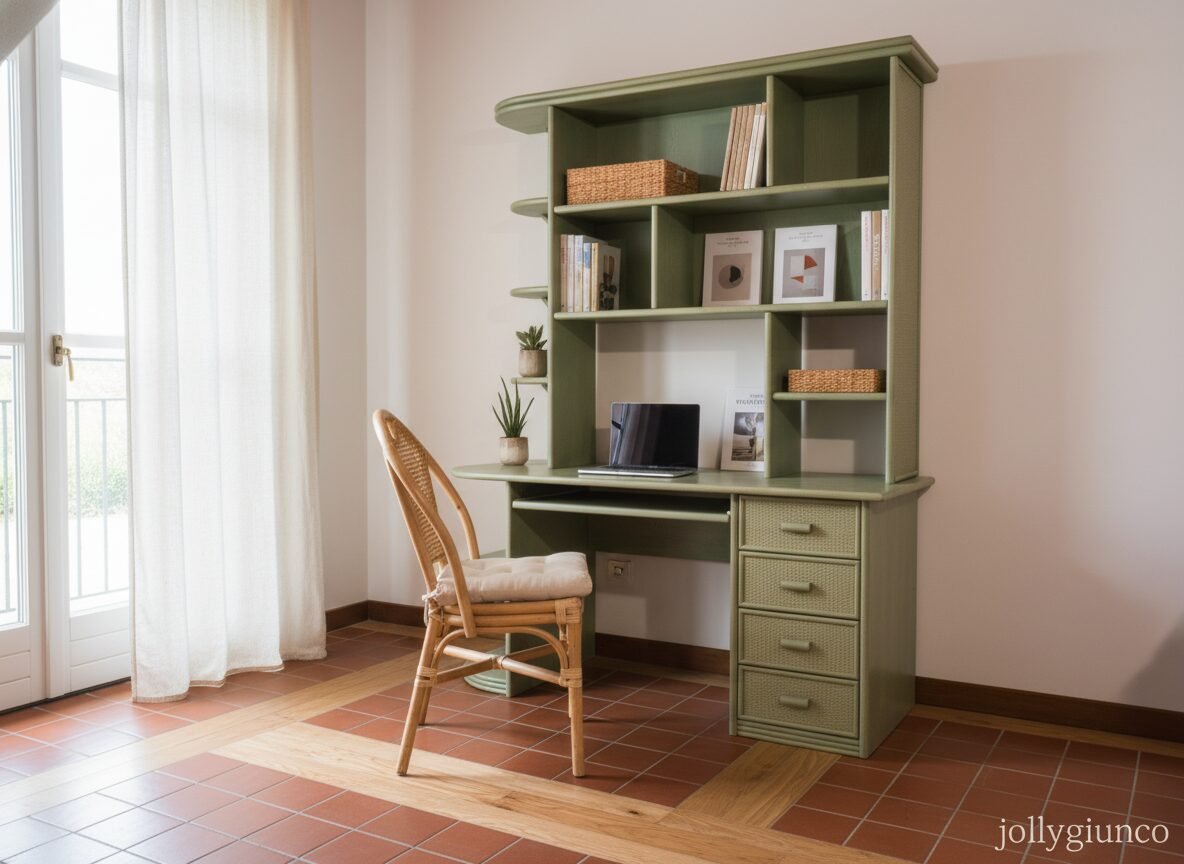Scrivania Donatella in rattan con libreria jollygiuncoeu green wooden desk with built in shelves and drawers laptop on desk wicker chair plants and baskets in a bright room