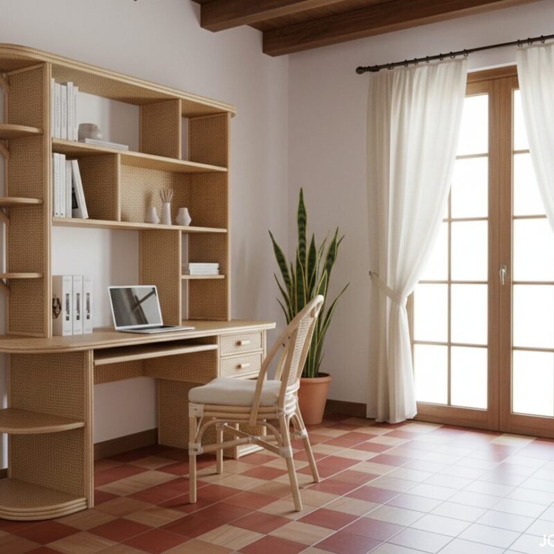 Home office with light wood desk and matching shelving, laptop, wicker chair, and a potted plant near large glass doors with white curtains.