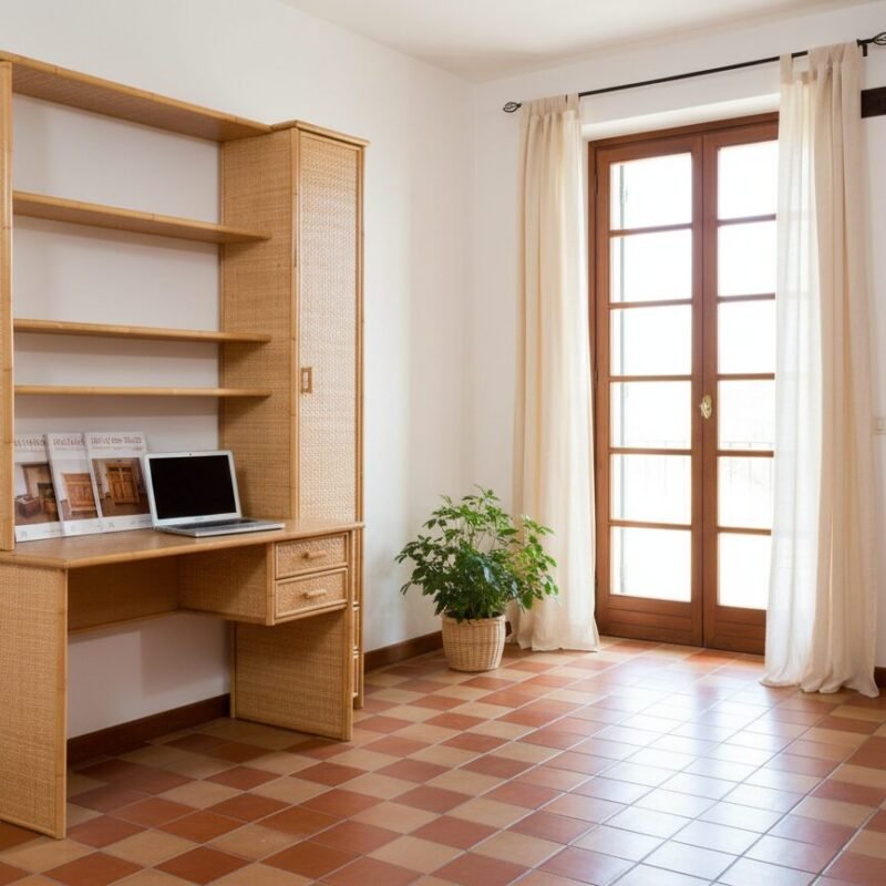 Wicker desk with open shelves and a laptop on the desktop in a bright room, magazines on the counter, and a potted plant nearby near glass doors with sheer curtains.