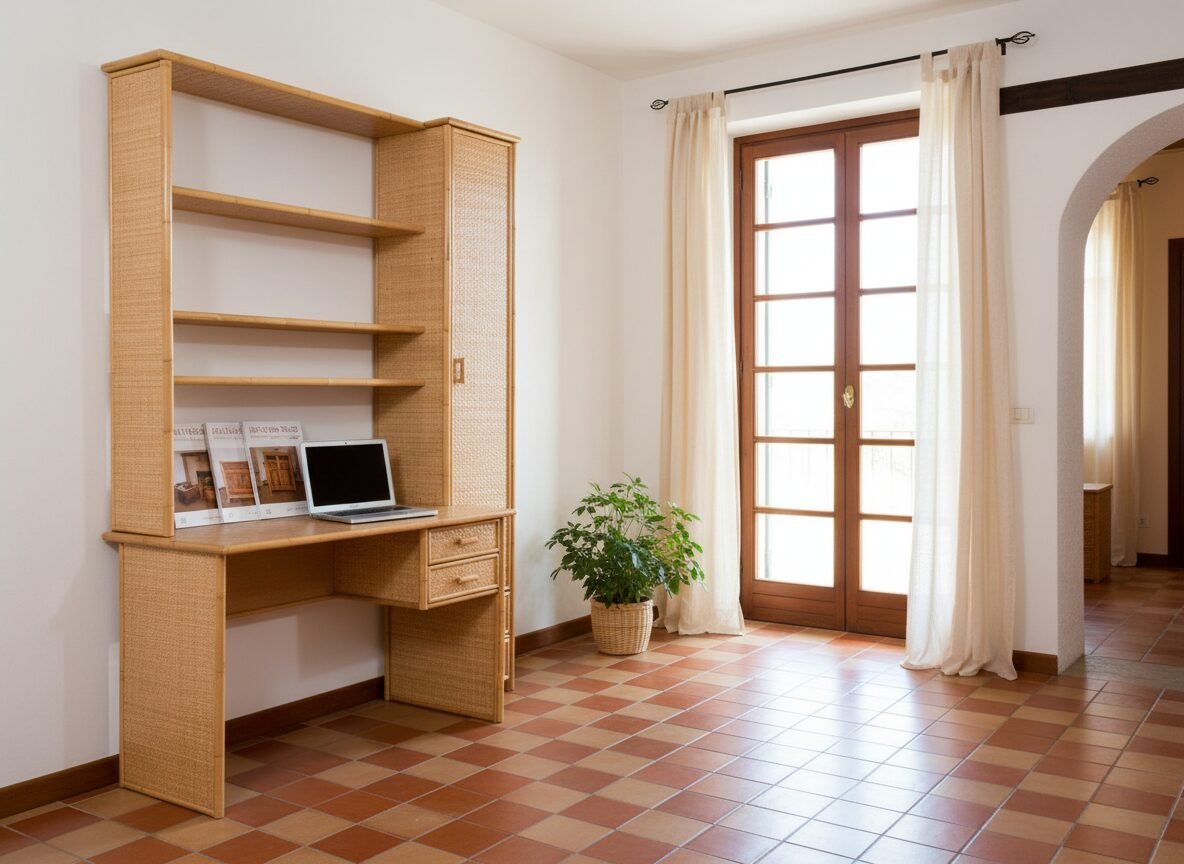 Scrivania Venezia in giunco con libreria 1 jollygiuncoeu wicker desk with open shelves and a laptop on the desktop in a bright room magazines on the counter and a potted plant nearby near glass doors with sheer curtains