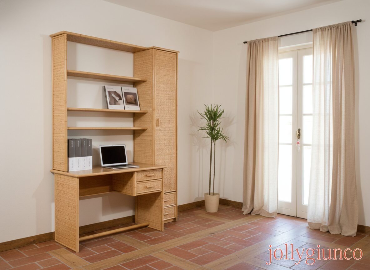 Scrivania Venezia in giunco con libreria jollygiuncoeu wicker desk with shelves and drawers in a bright room laptop on the desk binders on the shelf and a tall potted plant by beige curtained french doors