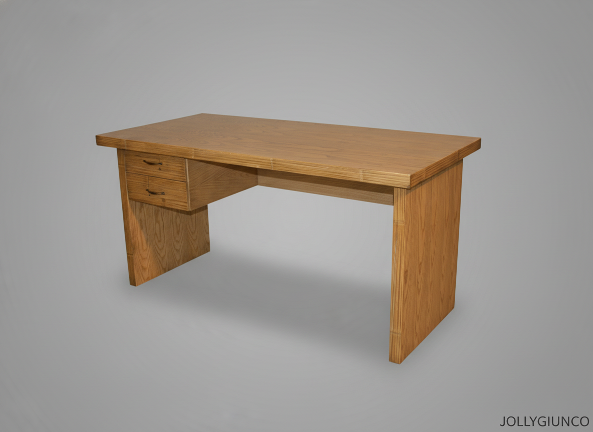 Scrivania Yuri in Crash Bamboo jollygiuncoeu wooden desk with two small left drawers against a gray backdrop oak finish and sturdy legs