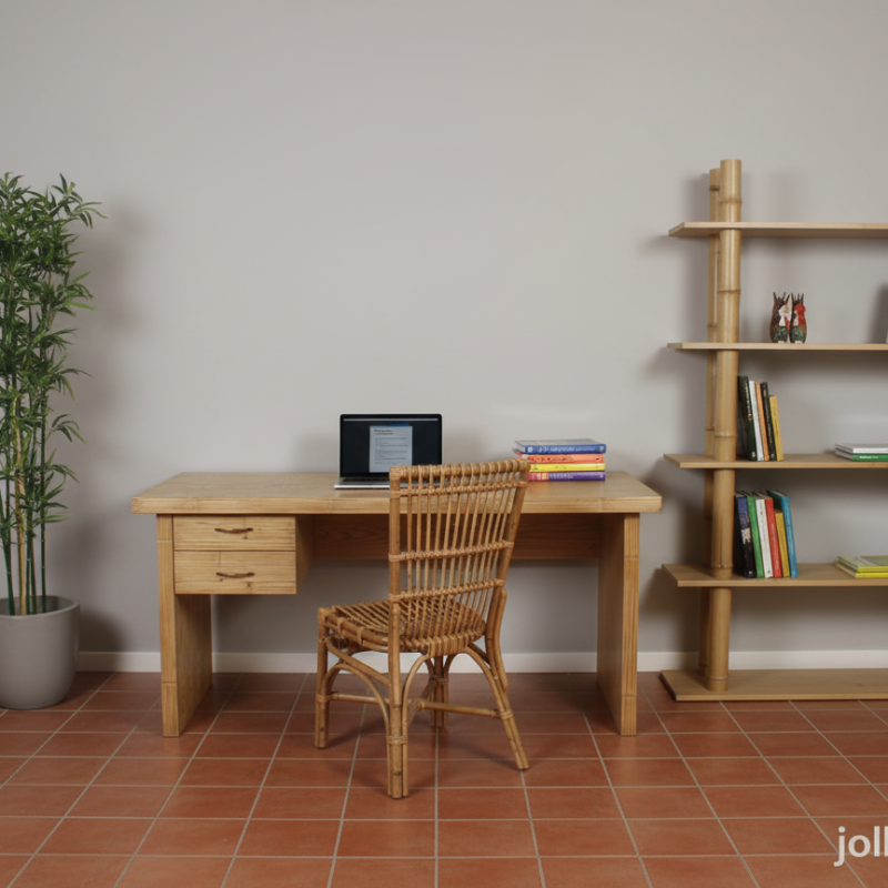 Wooden desk with a laptop and stacked books, a wicker chair, a tall potted plant on the left, and a wooden bookshelf on the right against a beige wall.