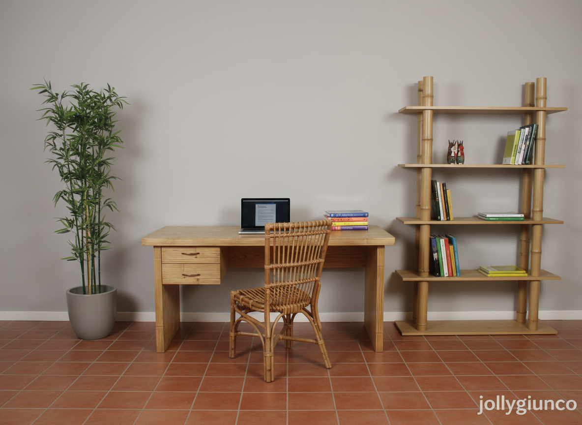 Scrivania Yuri in Crash Bamboo 2 jollygiuncoeu wooden desk with a laptop and stacked books a wicker chair a tall potted plant on the left and a wooden bookshelf on the right against a beige wall
