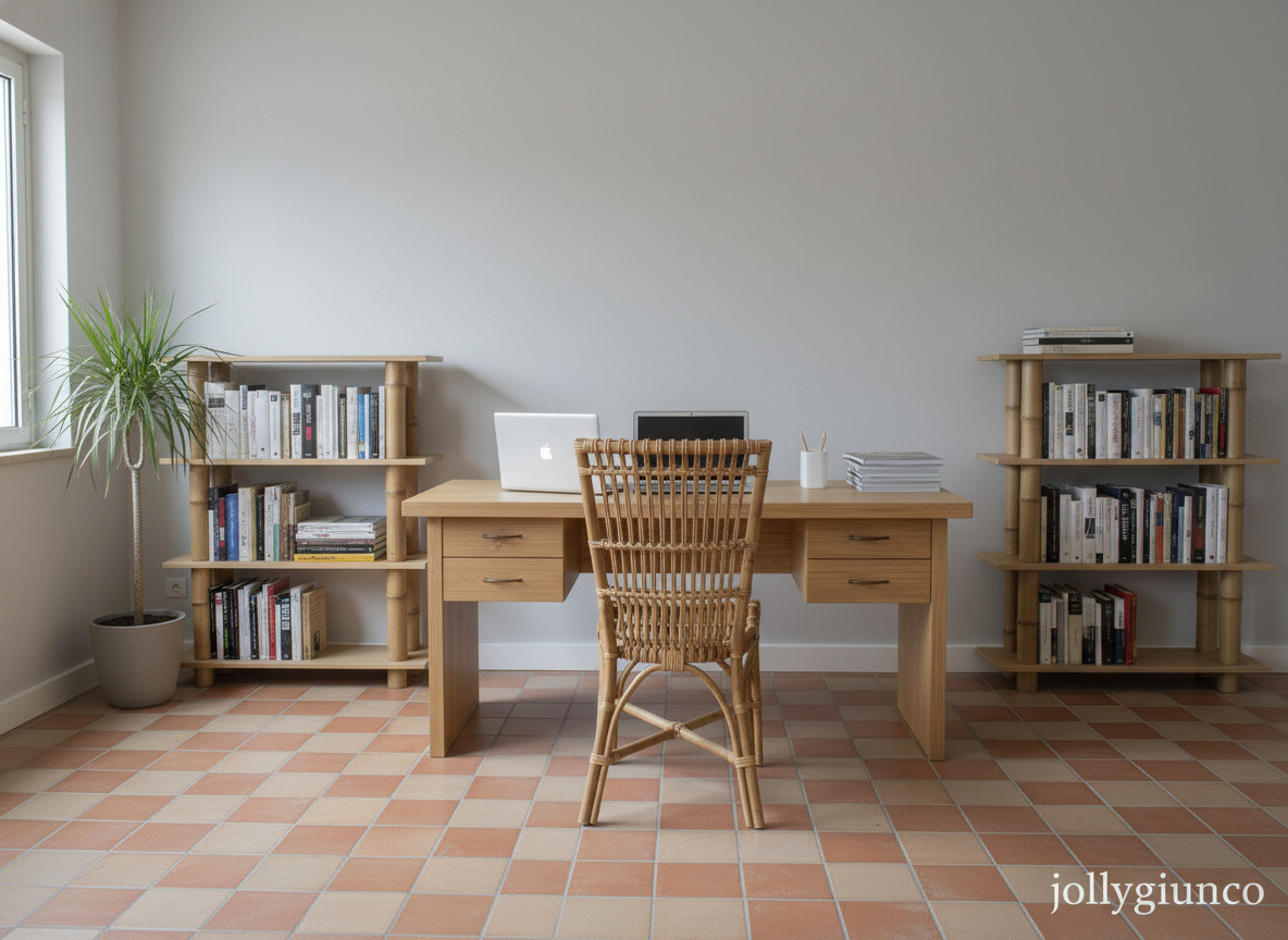 Scrivania Yuri in Crash Bamboo3 jollygiuncoeu bright home office with a wooden desk wicker chair potted plant by a window and two book filled shelves on grey walls