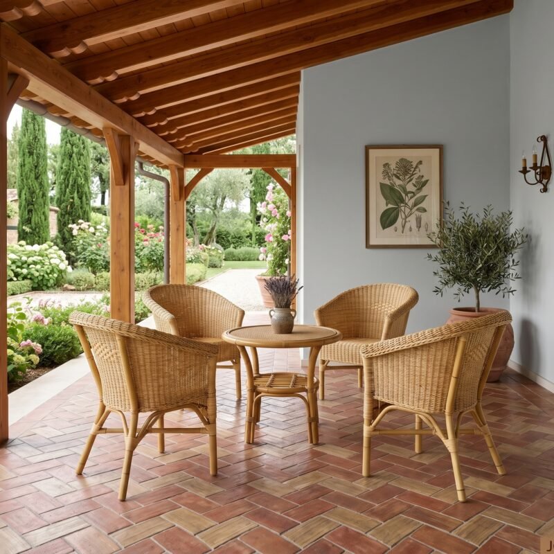 Covered patio with exposed wooden beams and wicker chairs arranged around a round table, a potted plant near botanical prints on a gray wall outside the seating area.