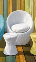 White round wicker lounge chair with a matching small side table on a colorful wooden deck.