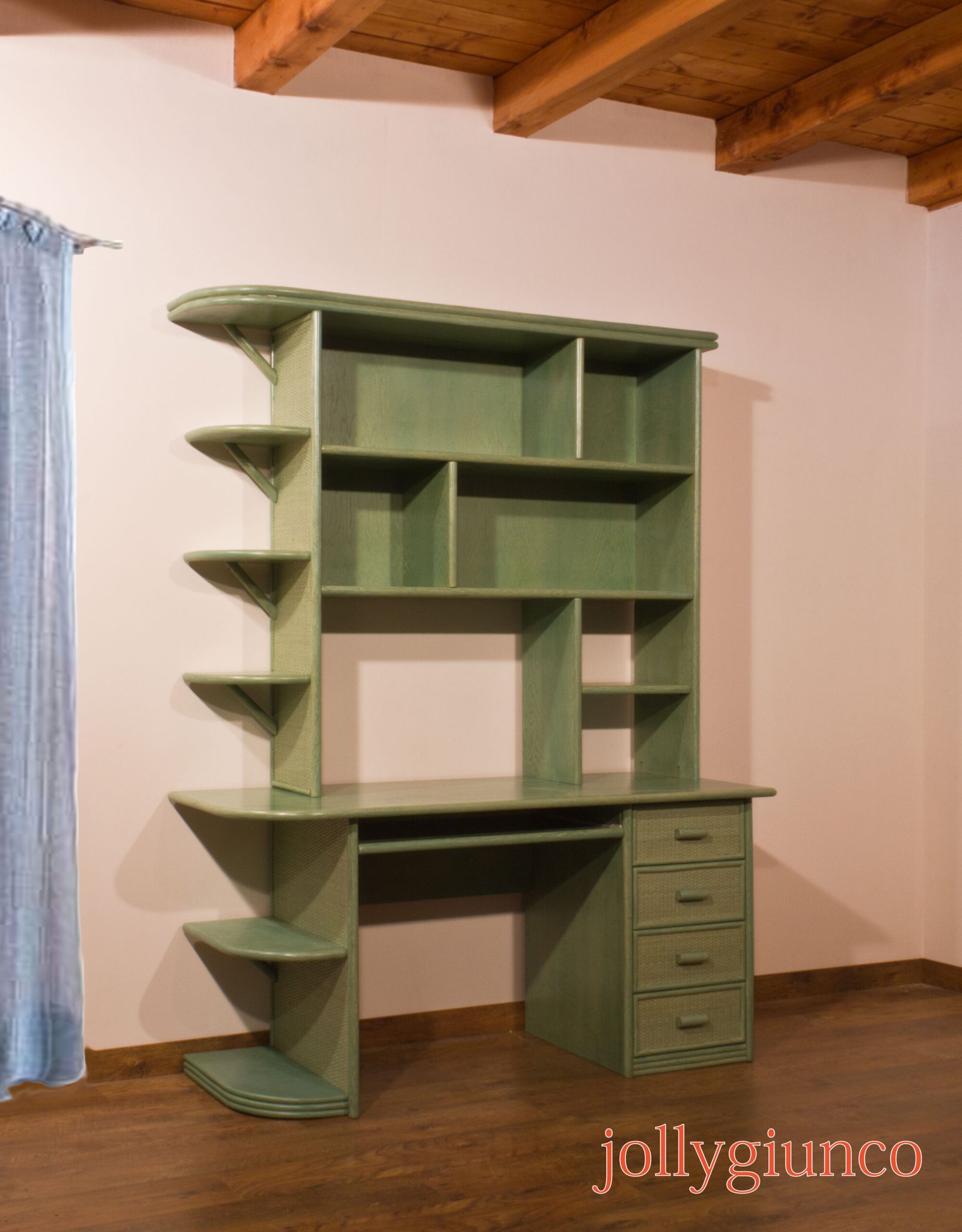 jollygiuncoscrivanie10g jollygiuncoeu green vintage secretary desk with built in shelves and curved ladder like side panels against a beige wall and wooden ceiling beams