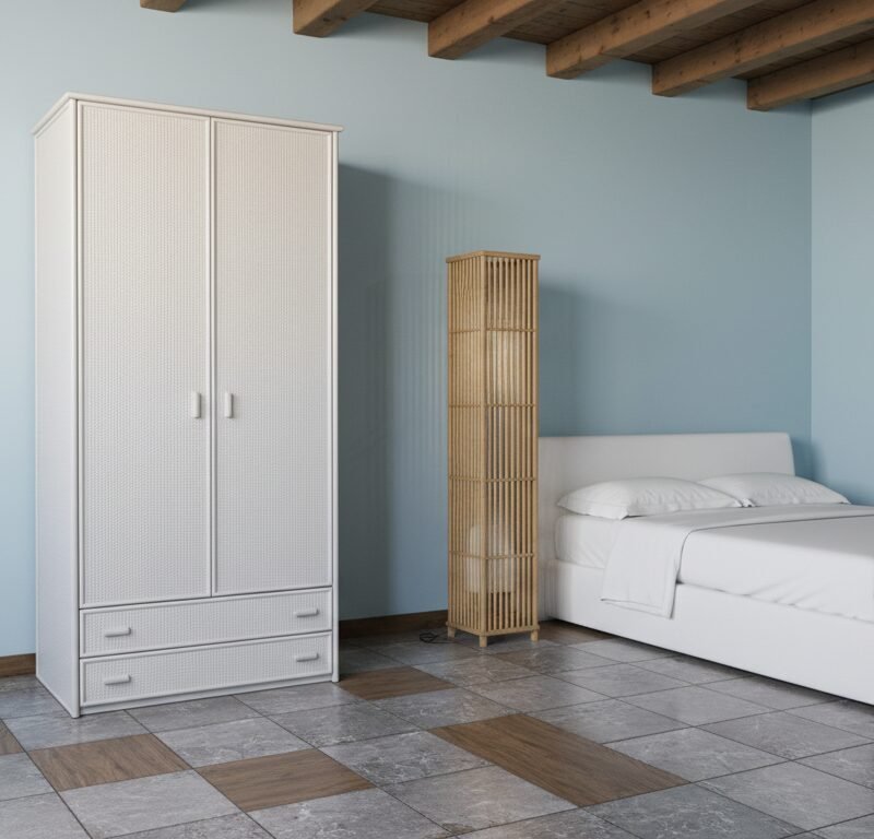 Minimalist bedroom with a white bed and wardrobe against light blue walls, and a tall woven wicker lamp between them.