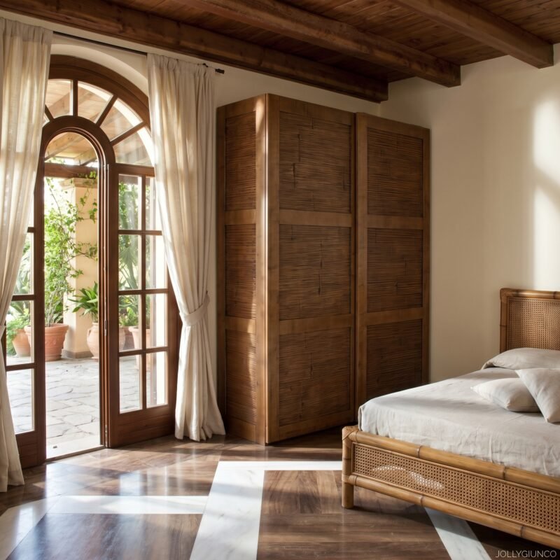Wooden arched glass door with white curtains leading to a sunny patio, inside a warm wood-trimmed bedroom.