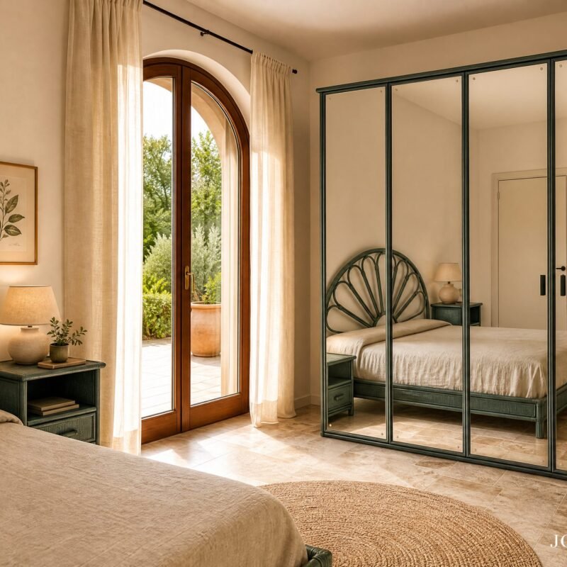 Bedroom with two green metal-framed beds, a large mirrored wardrobe, and an arched glass door with beige curtains behind.