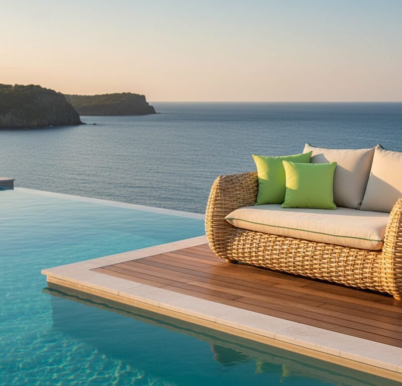 Wicker outdoor sofa with beige cushions and lime-green throw pillows on a wooden deck beside an infinity pool overlooking the ocean at sunset