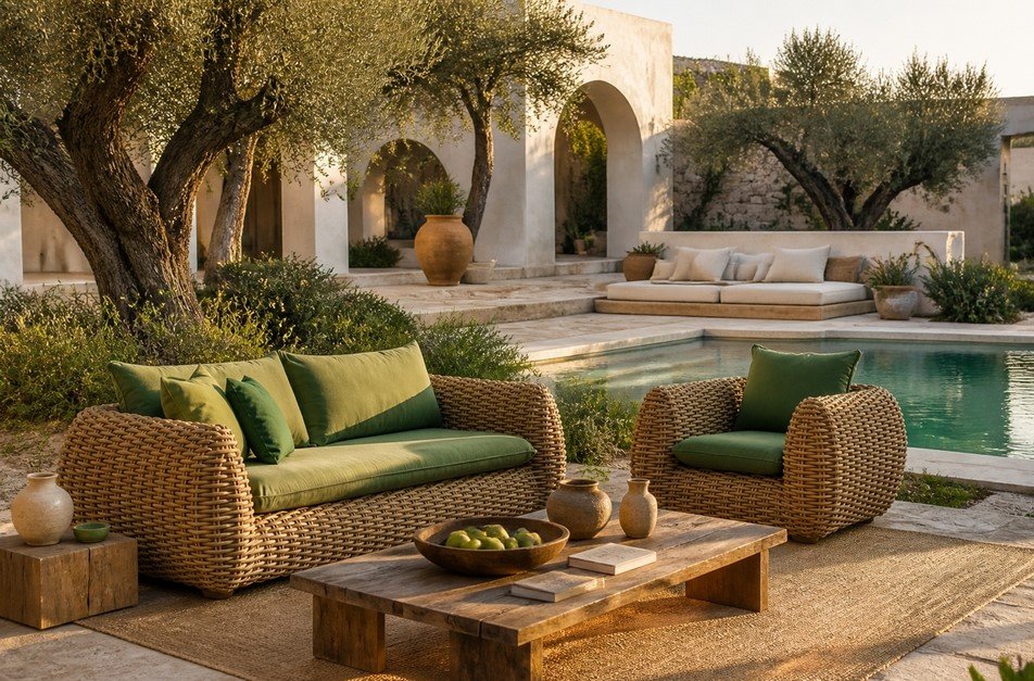 Bombo Divano 3 posti1 jollygiuncoeu outdoor seating area beside a pool featuring wicker sofa and chair with green cushions a wooden table and olive trees