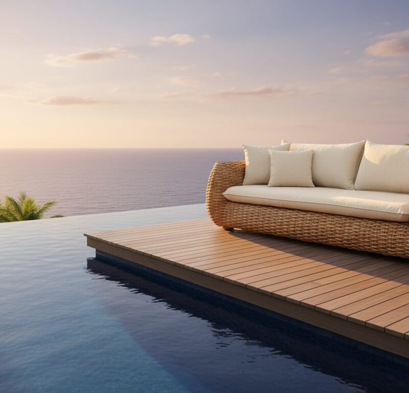 Woven outdoor sofa on a wooden deck beside an infinity pool with palm trees and a sunset over the ocean.