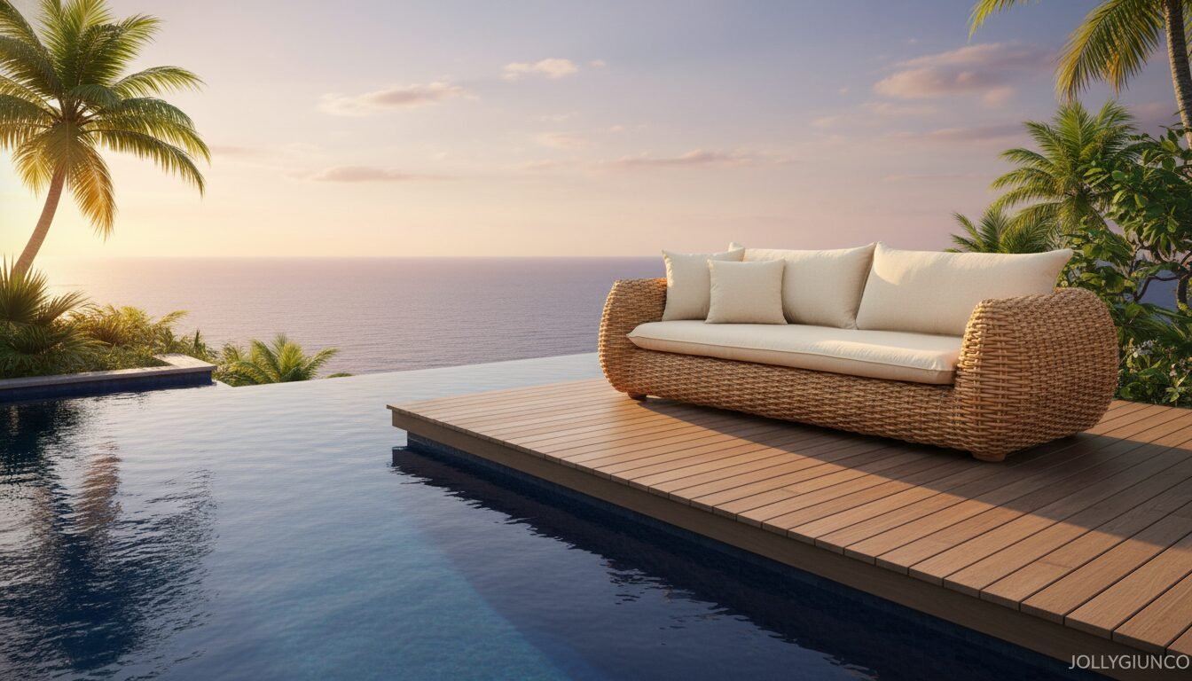 Bombo Divano 3 posti10 jollygiuncoeu woven outdoor sofa on a wooden deck beside an infinity pool with palm trees and a sunset over the ocean