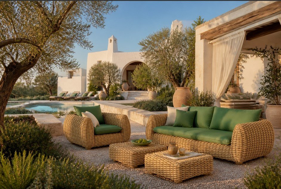 Bombo Divano 3 posti2 jollygiuncoeu outdoor seating area with woven wicker furniture and green cushions by a pool and white stucco villa in the background under olive trees