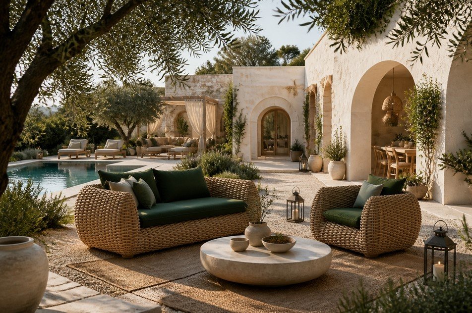 Bombo Divano 3 posti4 jollygiuncoeu luxurious outdoor seating area with wicker sofas and green cushions around a low circular table by a stone patio and pool
