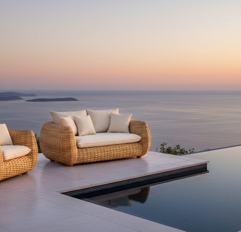 Outdoor patio with two woven wicker couches and white cushions overlooking a calm sea at sunset; infinity pool to the right and potted plants framing the scene.