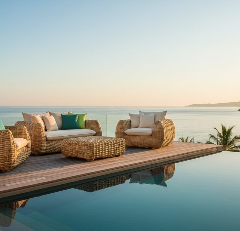Outdoor wicker sofa set on a wooden deck beside a pool, with an ocean view and sunset sky in the distance.