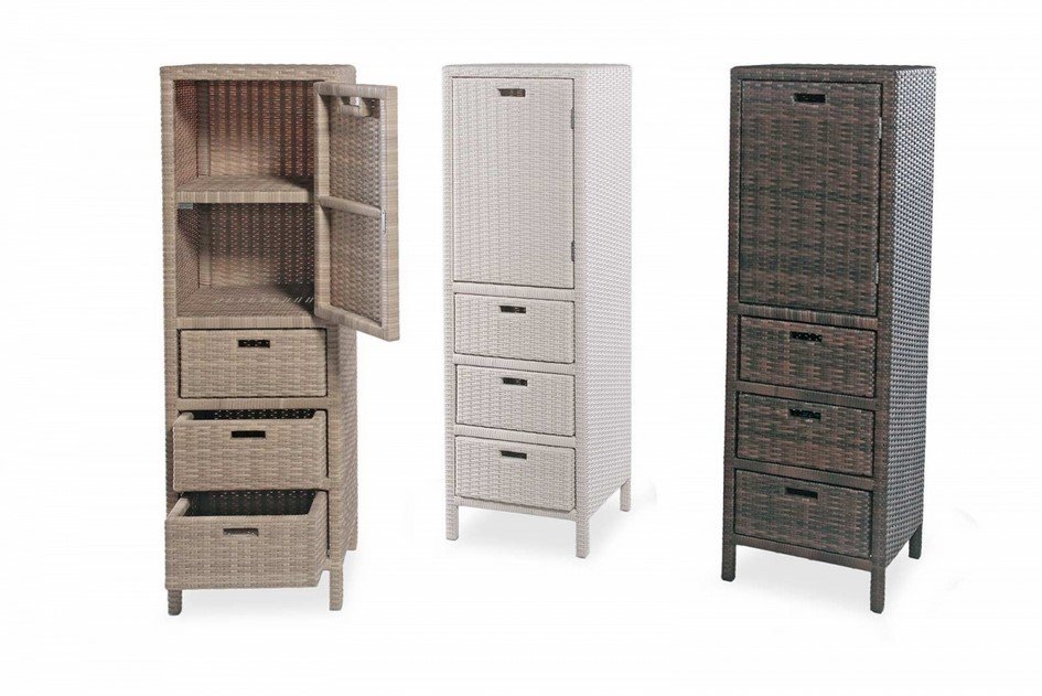Cabinet modulo 1 anta 3 cassetti Polyrattan jollygiuncoeu set of three tall woven wicker storage cabinets in beige white and dark brown left unit has its door open showing shelves and four drawers middle and right units are closed