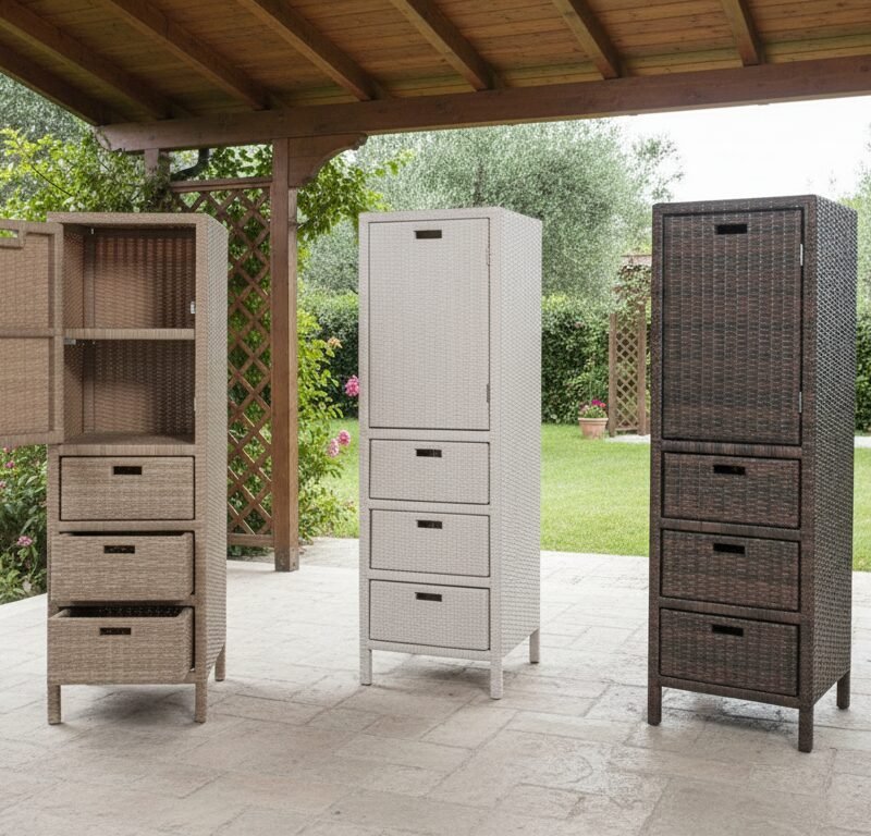 Three tall wicker storage cabinets on a shaded patio; left unit is open with shelves and drawers, middle white with four drawers, right dark wicker with a door and drawers.