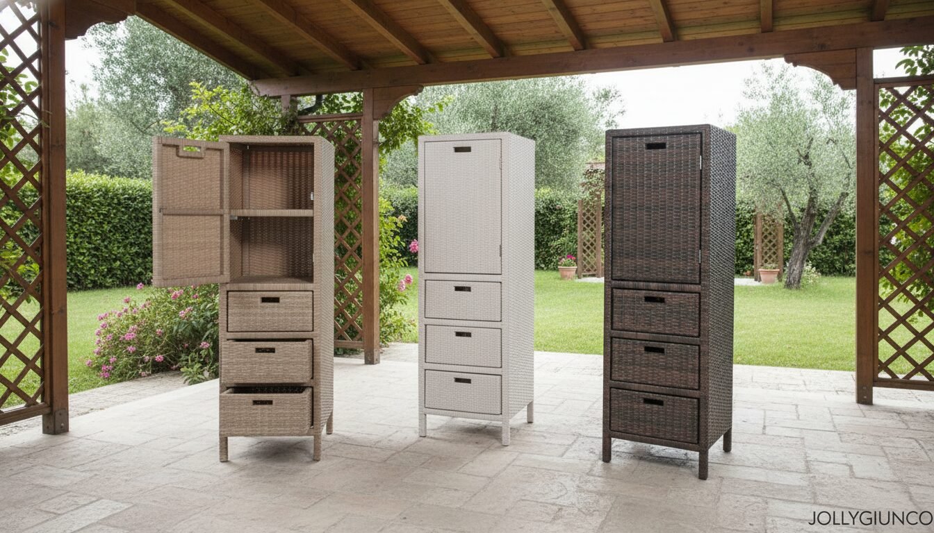 Cabinet modulo 1 anta 3 cassetti Polyrattan 10 jollygiuncoeu three tall wicker storage cabinets on a shaded patio left unit is open with shelves and drawers middle white with four drawers right dark wicker with a door and drawers