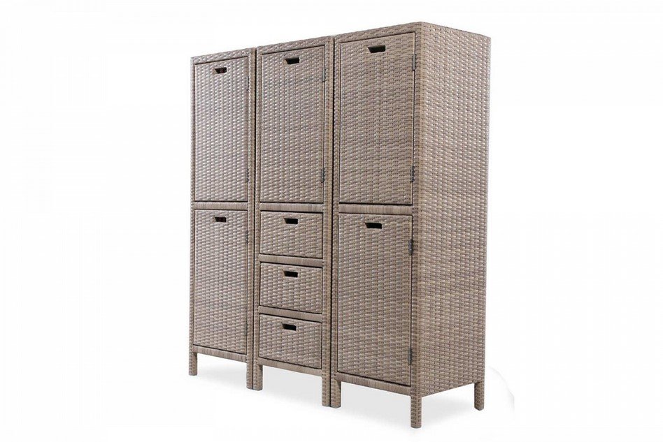Cabinet modulo 1 anta 3 cassetti Polyrattan1 jollygiuncoeu woven rattan storage cabinet with three columns of doors and drawers in a light brown finish