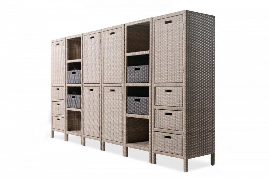 Cabinet modulo 1 anta 3 cassetti Polyrattan2 jollygiuncoeu woven beige storage cabinet system with multiple shelves and fabric baskets for organization